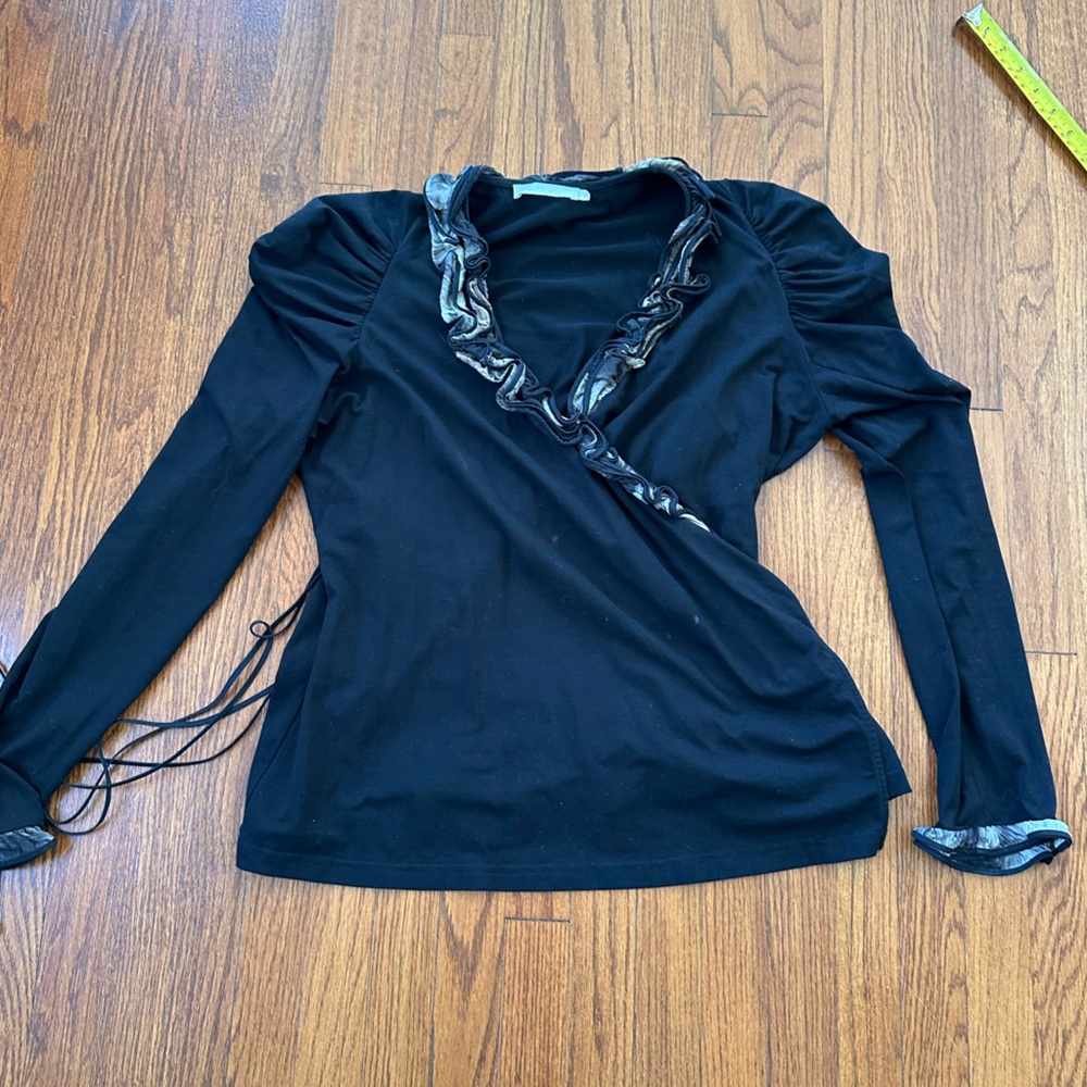 Anne Fontaine Black Long Sleeve Top with Ruffle Trim